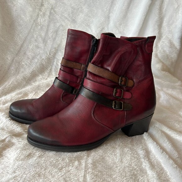 Remonte Burgundy Leather Ankle Boots Womens 38 Block Heel Round Toe - Picture 1 of 6